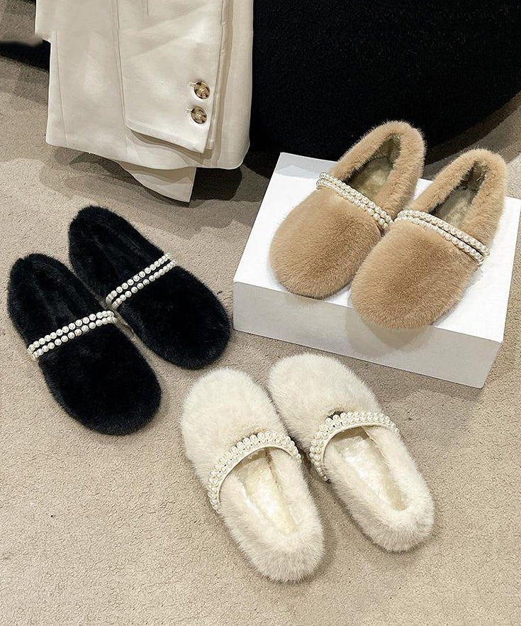 Stylish Beige Fuzzy Fur Nail Bead Splicing Flat Feet Shoes