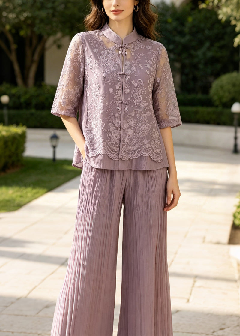 Purple Patchwork Lace Sets 2 Pieces Mandarin Collar Summer