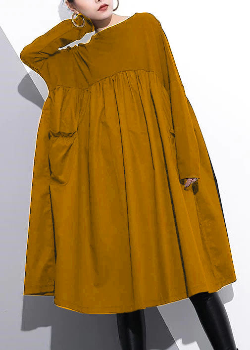 Cinched O Neck Cotton Clothes for Tutorials Yellow Chrysanthemum Dresses