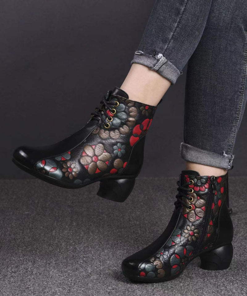 Black Boots Chunky Cowhide Leather Embossed Splicing