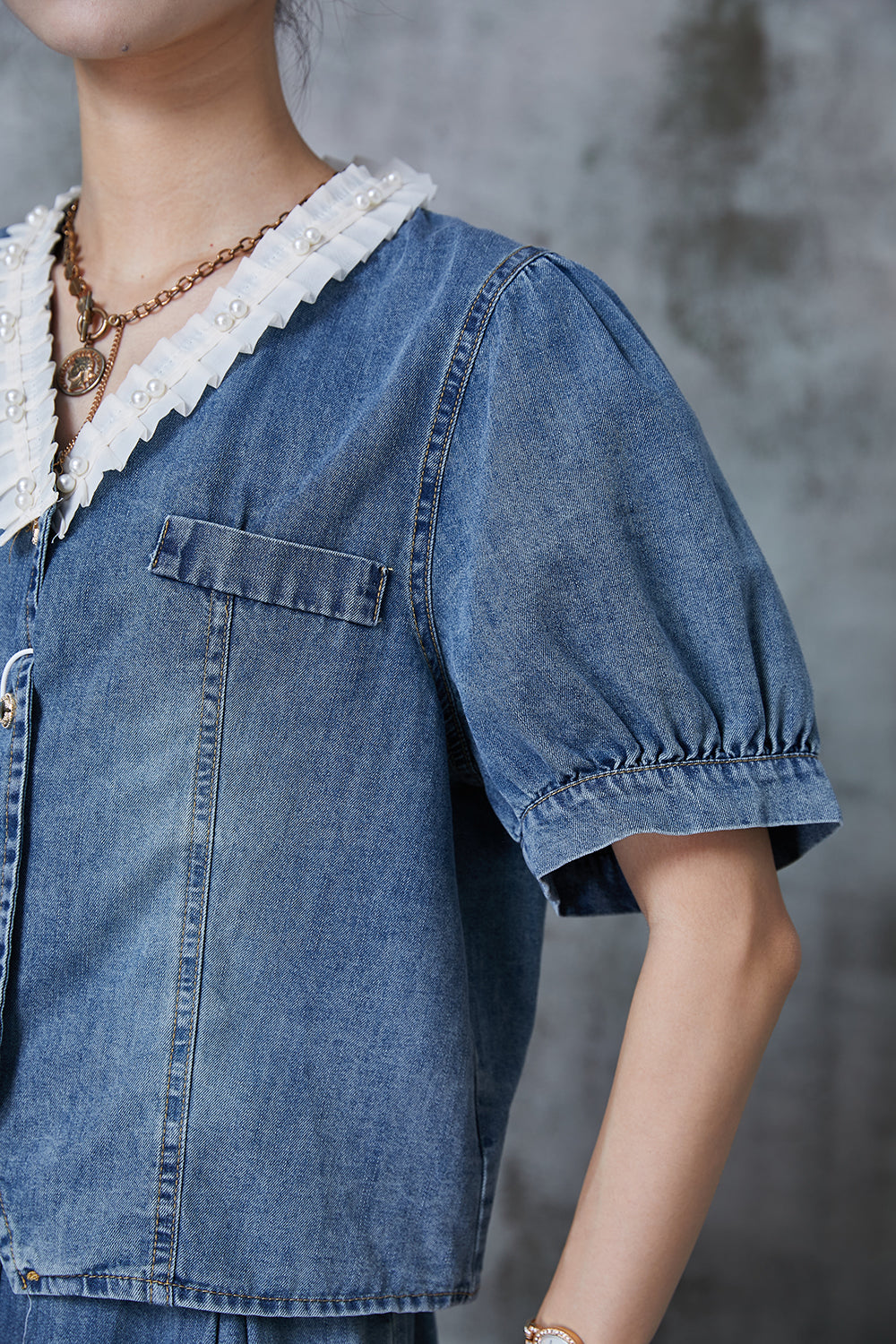 Blue V Neck Patchwork Denim Two Pieces Set Fall