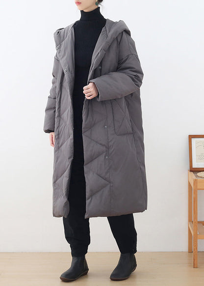 Grey Button Pockets Hooded Down Coat Long Sleeve