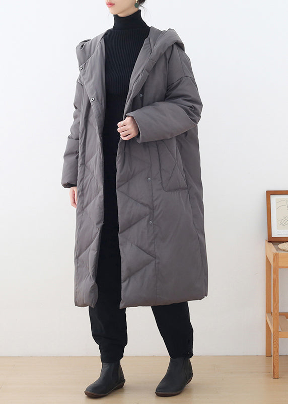 Grey Button Pockets Hooded Down Coat Long Sleeve