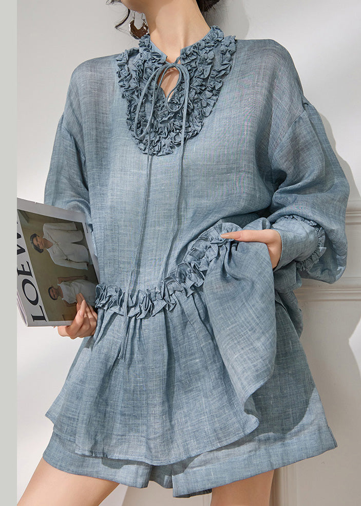 Blue Ruffled Lace Up Cotton Two Piece Set Summer