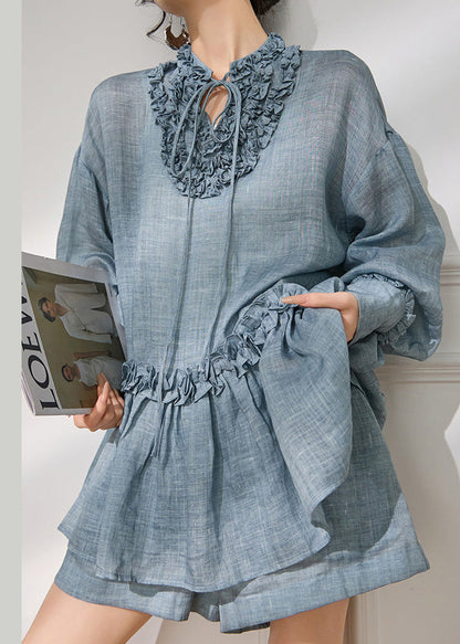 Blue Ruffled Lace Up Cotton Two Piece Set Summer