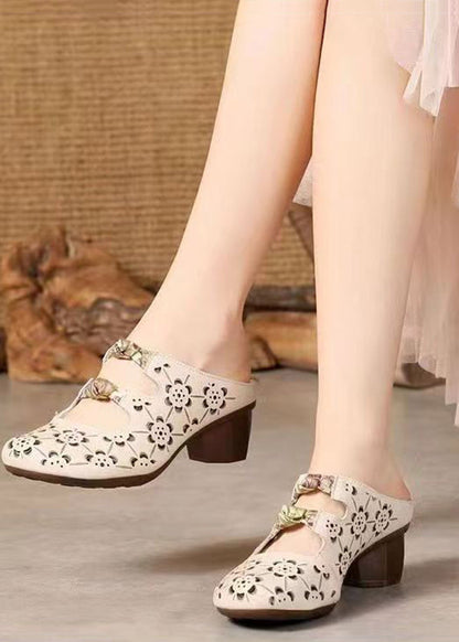 Brown High Heels Chunky Cowhide Leather Hollow Out High Heels