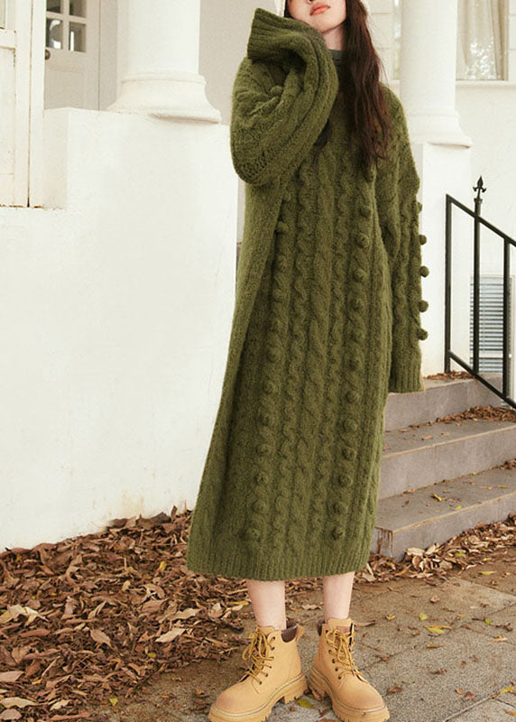 Natural Purplish Red O-neck Cable Cotton Knit Sweater Maxi Dress Long Sleeve
