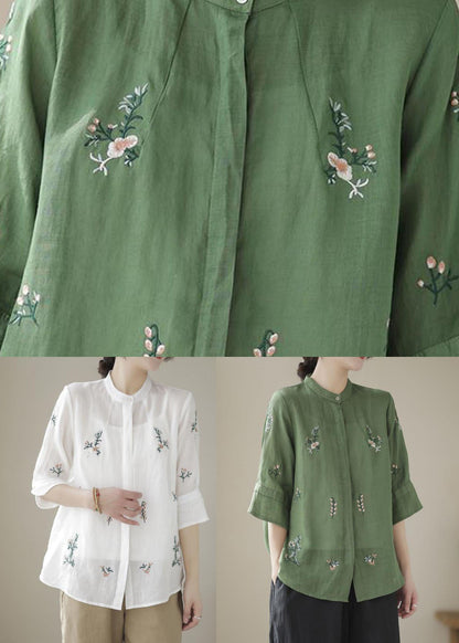 Green Stand Collar Embroideried Patchwork Linen Tops Summer