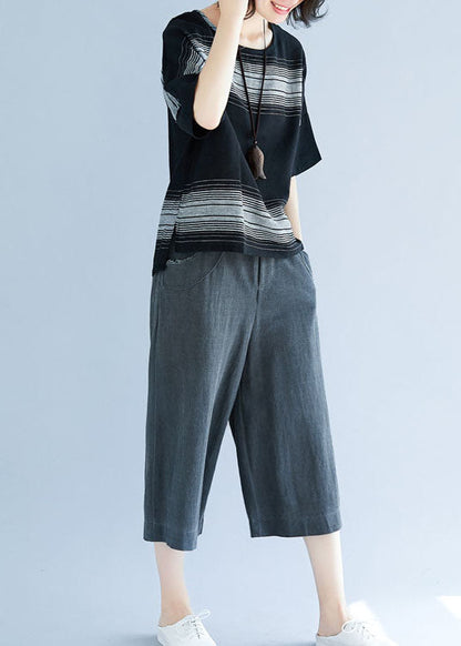 Black Oversized Striped Cotton Tanks Short Sleeve