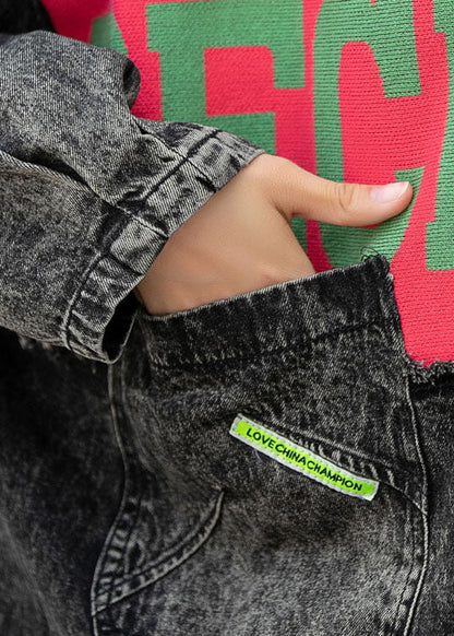Denim Patchwork Knit Pockets Hooded Fall Coats Long Sleeve