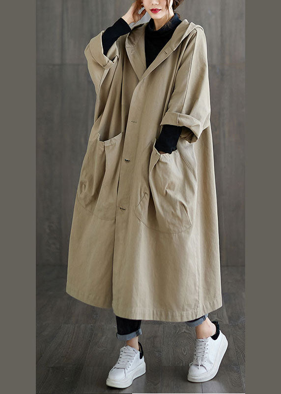 Diy Khaki Hooded Pockets Cotton Coat Spring