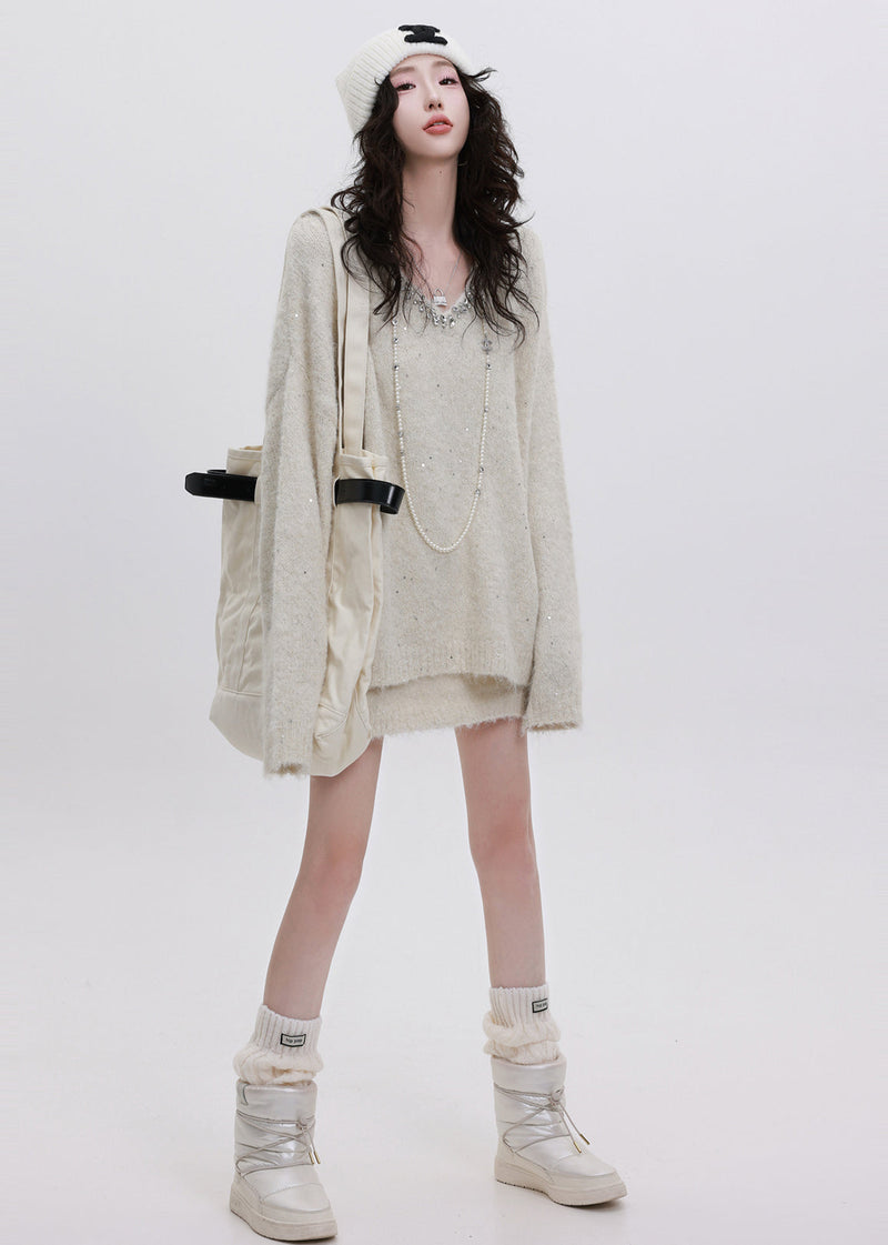 Boutique White Sequins Warm Knit Sweater and Skirt Two Piece Set Winter