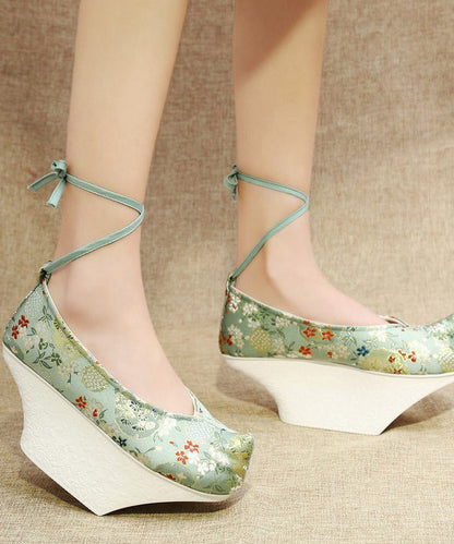 Light Green High Heels Platform Satin Fabric Embroideried Cross Strap High Heels