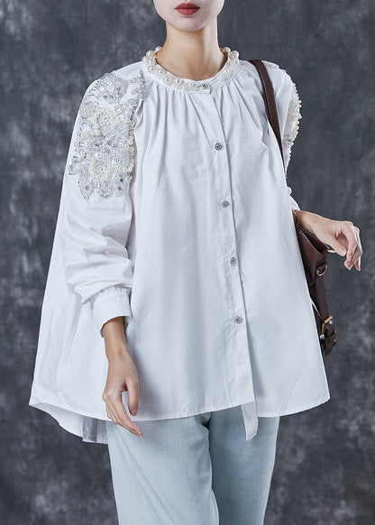 White Oversized Nail Bead Cotton Shirts Spring
