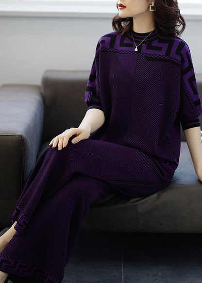 Boutique Purple O-neck Print Draping Silk Sweatshirt Two Piece Suit Set Fall