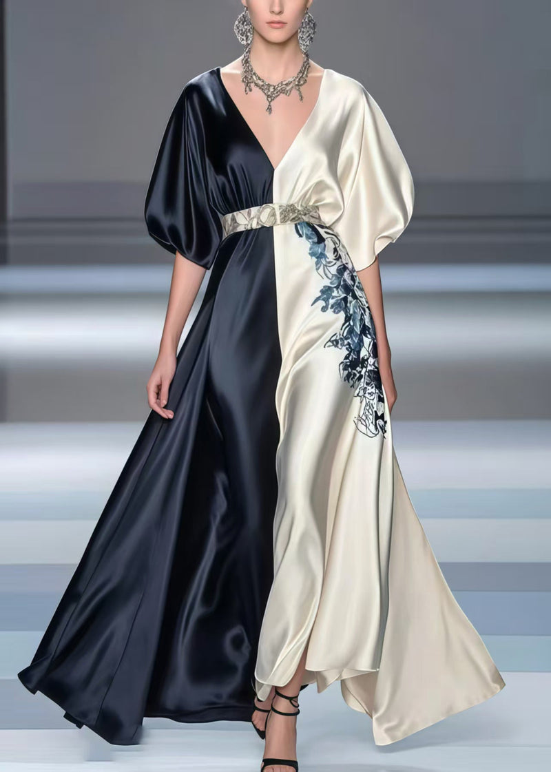 Colorblock Puff Sleeve Patchwork Silk Tunic Dresses Summer