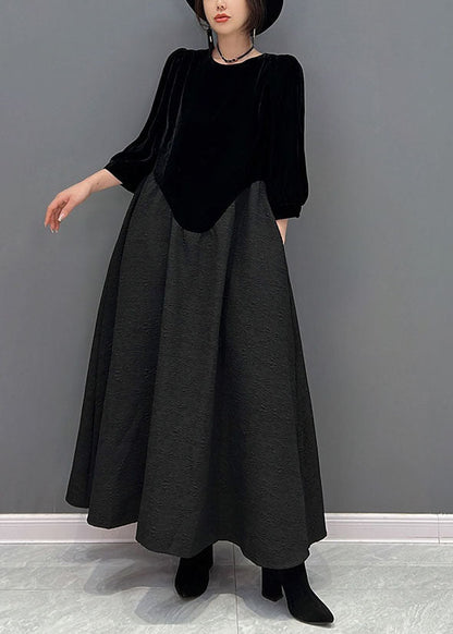 Fine Black O-neck Asymmetrical Patchwork Silk Velour Dress Fall