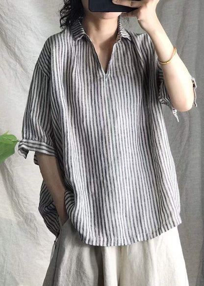 Grey V Neck Striped Linen Top Short Sleeve