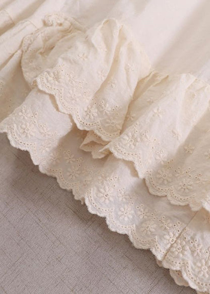 Beige Ruffled Cotton Dresses Long Sleeve