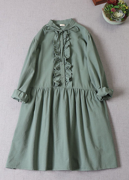 Tea Green Ruffled Button Cotton Dress Long Sleeve