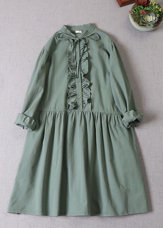 Tea Green Ruffled Button Cotton Dress Long Sleeve