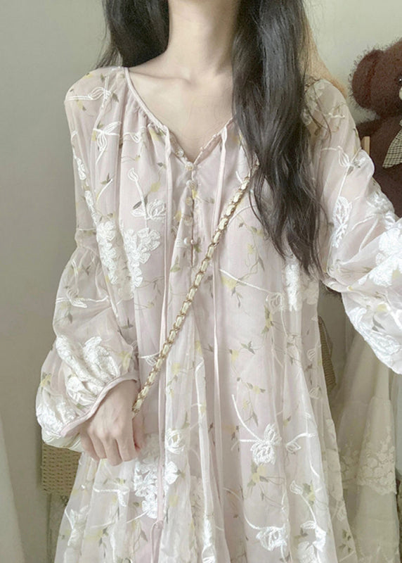 Apricot V Neck Embroidered Silk Mid Dress Lantern Sleeve