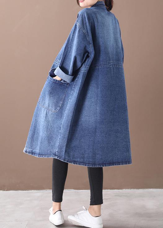 French Denim Blue Box Coat Shape Stand Collar Drawstring Coat