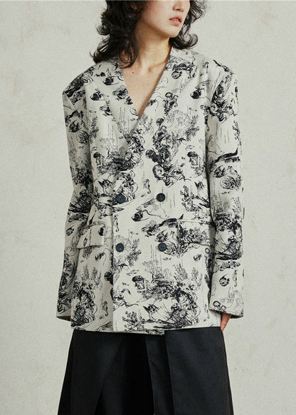 White V Neck Pockets Print Coat Fall