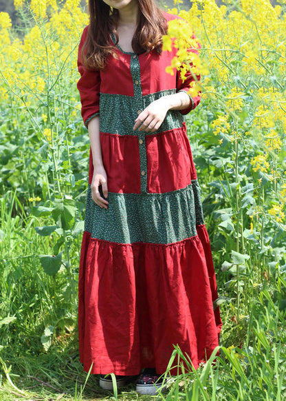 Red O-neck Wrinkled Patchwork Long Dresses Spring