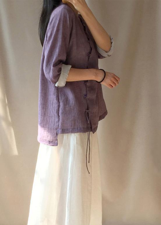 French Purple Tops Blouses Stand Collar Button Down Clothing Blouse
