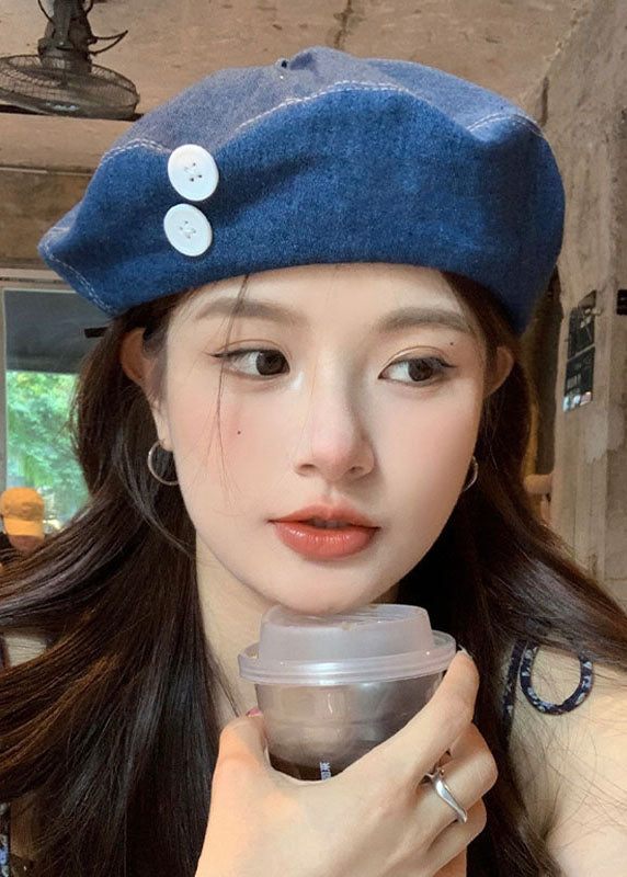 Denim Navy Patchwork Button Beret Hat