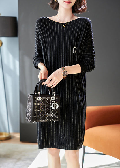Handmade Black Striped Knit Pullover Dress Spring