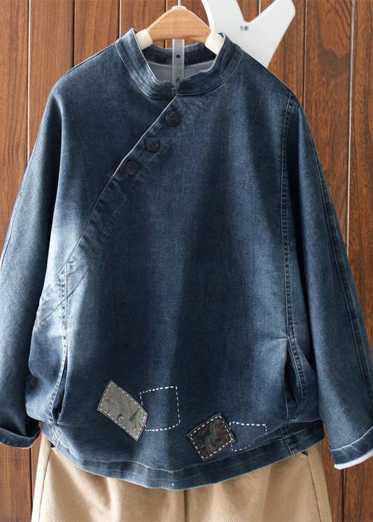 Navy Stand Collar Pockets Patchwork Denim Top Fall