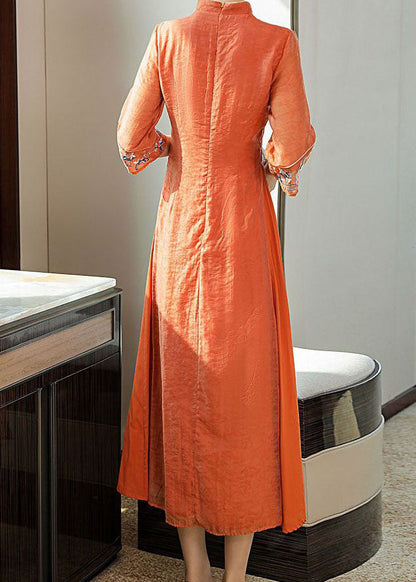 Orange Embroideried Side Open Silk Dresses Summer