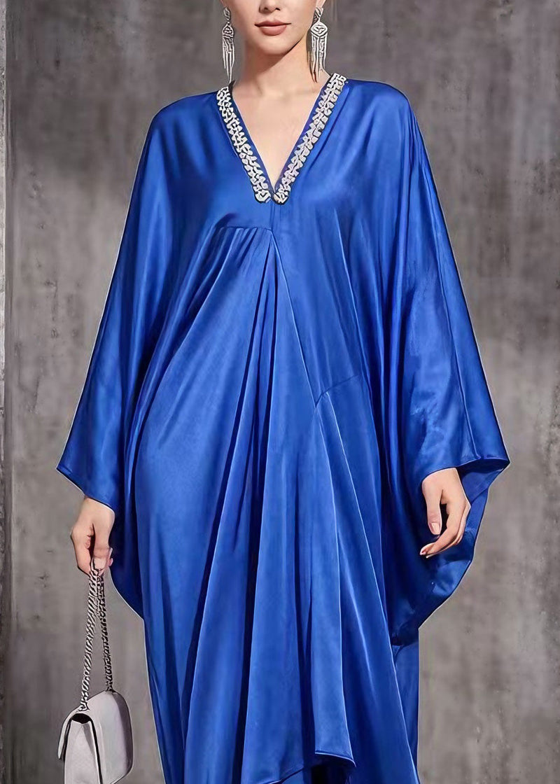 Blue V Neck Asymmetrical Design Silk Dress Spring