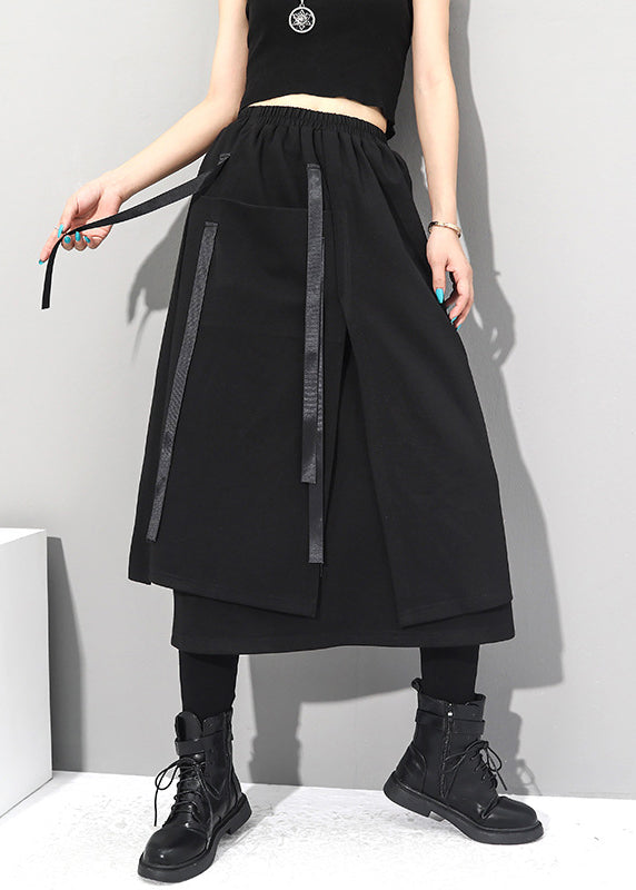 Black Asymmetrical Patchwork Pockets Elastic Waist Skirts Fall