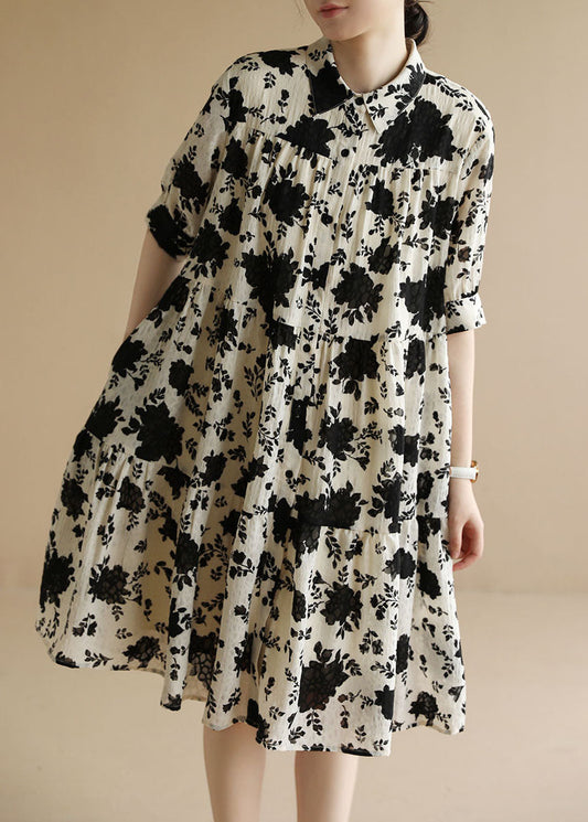 Classy Beige Peter Pan Collar Wrinkled Black Party Dress Short Sleeve