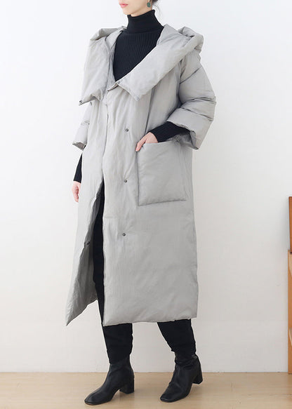 Grey Button Pockets Hooded Down Coat Long Sleeve