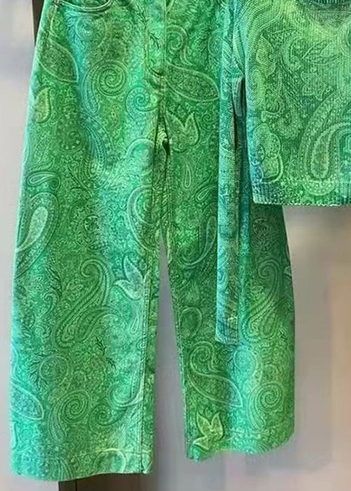 New Green O-neck Print Cotton Two Pieces Set Long Sleeve