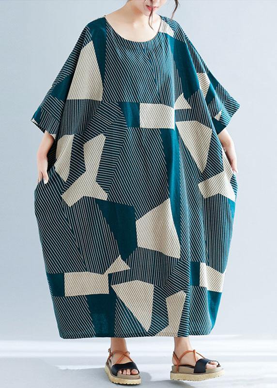 Green Striped O-neck Loose Summer Bat Wing Sleeve Summer Dress