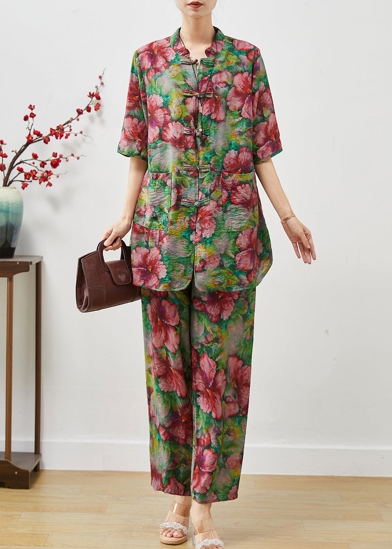 Red Chinese Button Linen Two Pieces Set Summer