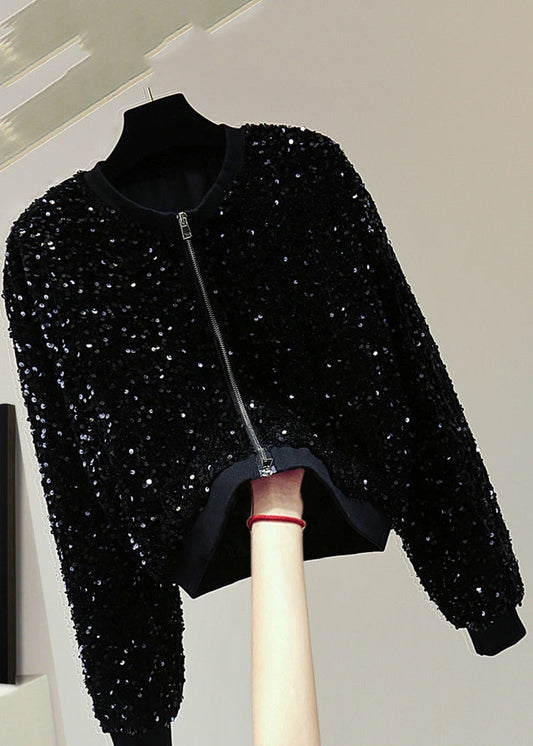 Stylish Black O-neck Patchwork Sequins Silk Velvet Coat Spring