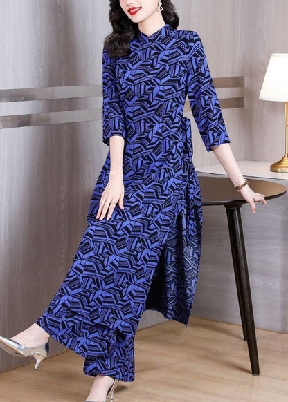 Italian Navy Print Side Open Chiffon Two Piece Set Clothing Spring
