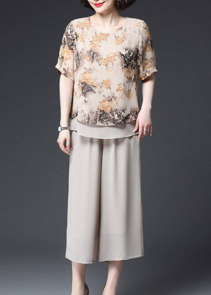 Apricot O-neck Print Layered Design Chiffon Tanks and Wide Leg Pants Two Pieces Set Summer