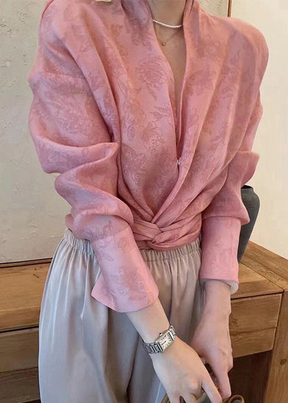 Pink Asymmetrical Jacquard Chiffon Top Fall