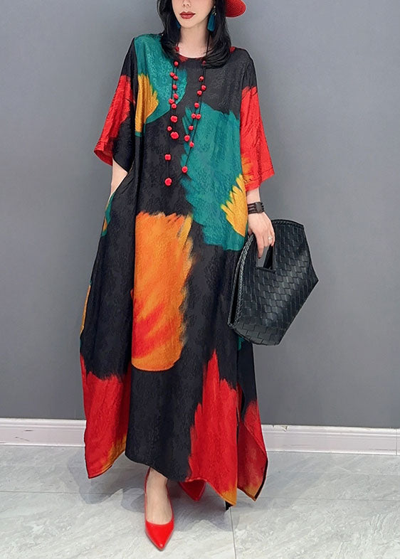 Colorblock O Neck Print Patchwork Cotton Maxi Dress Spring