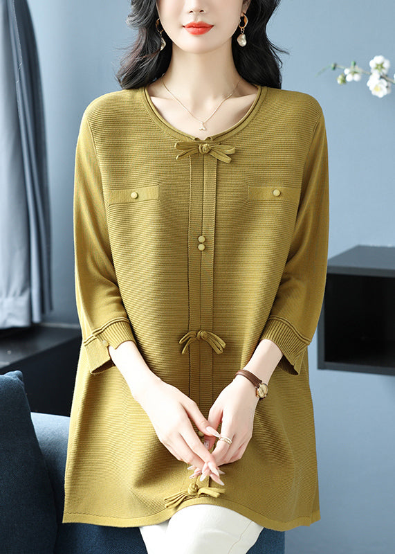 Green O Neck Bow Patchwork Knit Top Bracelet Sleeve