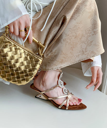 Gold Pointed Toe Wedge Sandals Zircon Peep Toe