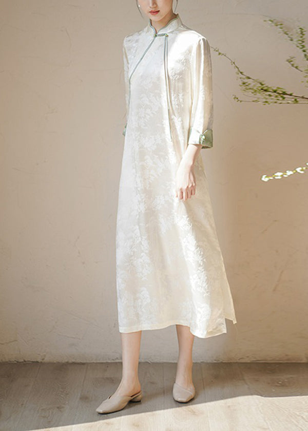 Beige Stand Collar Tasseled Print Patchwork Silk Dresses Fall