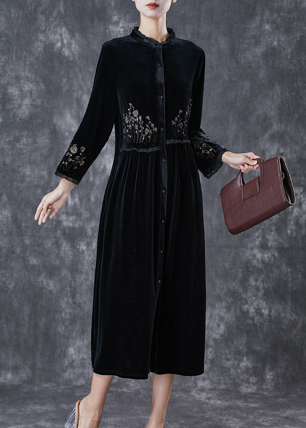 Black Embroideried Ruffled Silk Velour Dress Spring